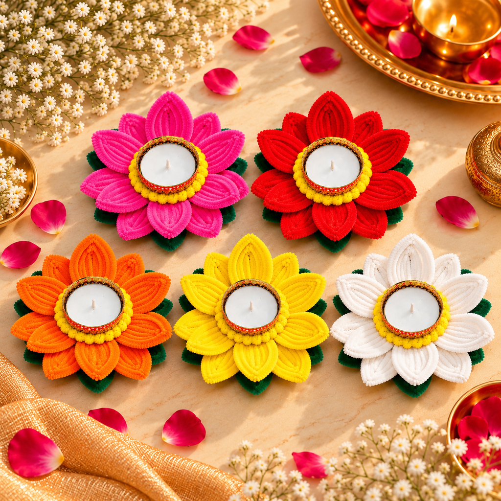 Handcrafted Lotus Flower Diya (5-Diya Combo)