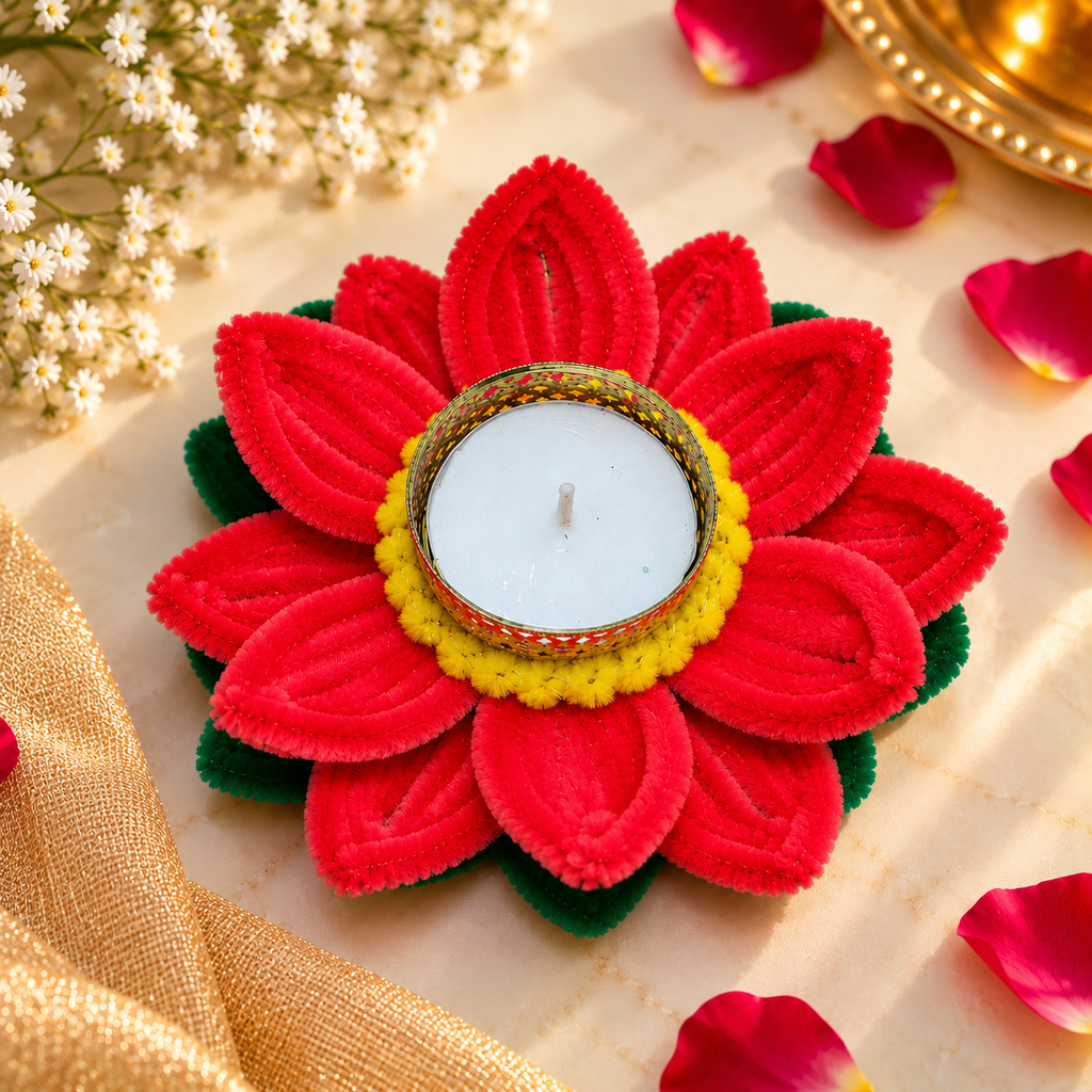 Handcrafted Lotus Flower Diya (5-Red Diya Combo)