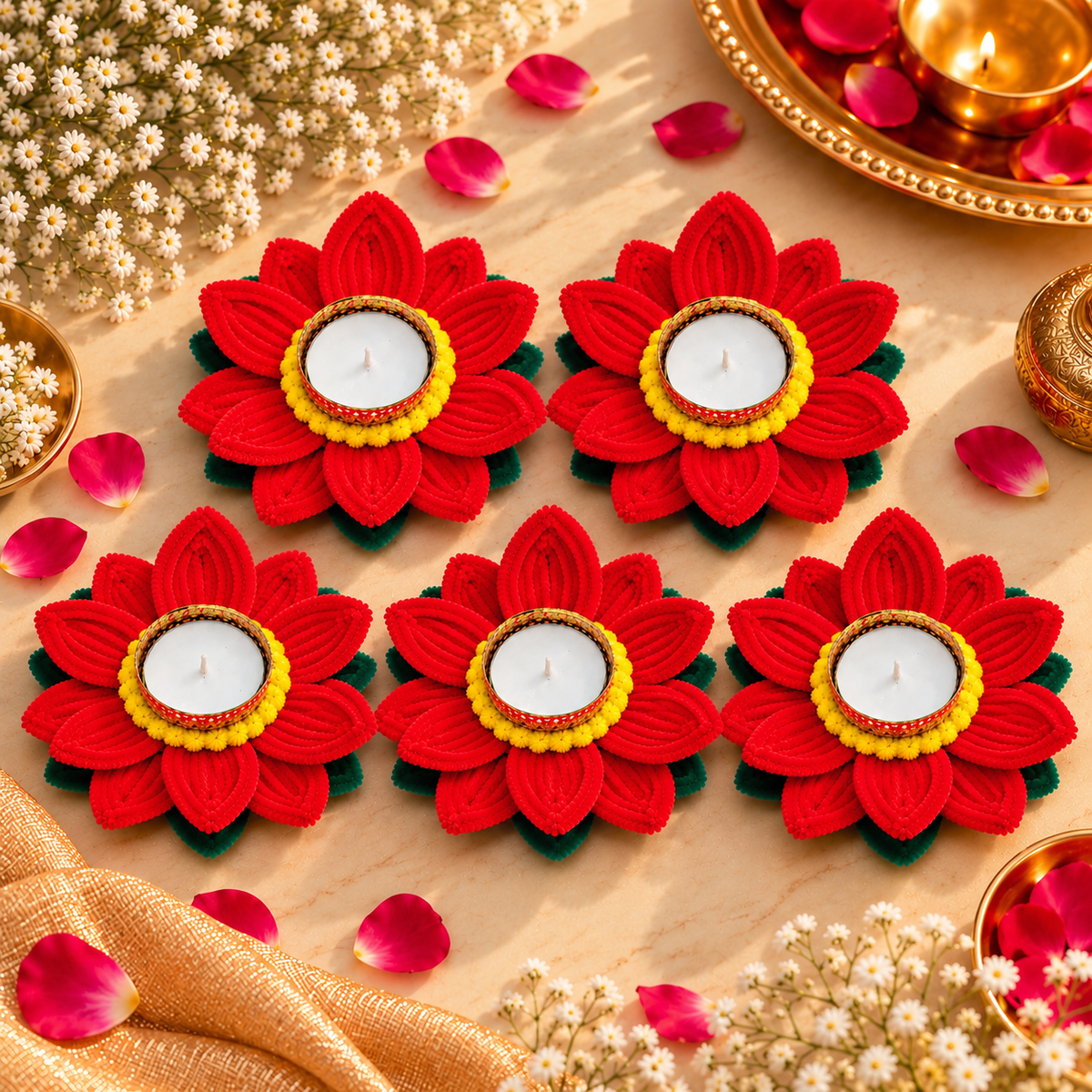Handcrafted Lotus Flower Diya (5-Red Diya Combo)