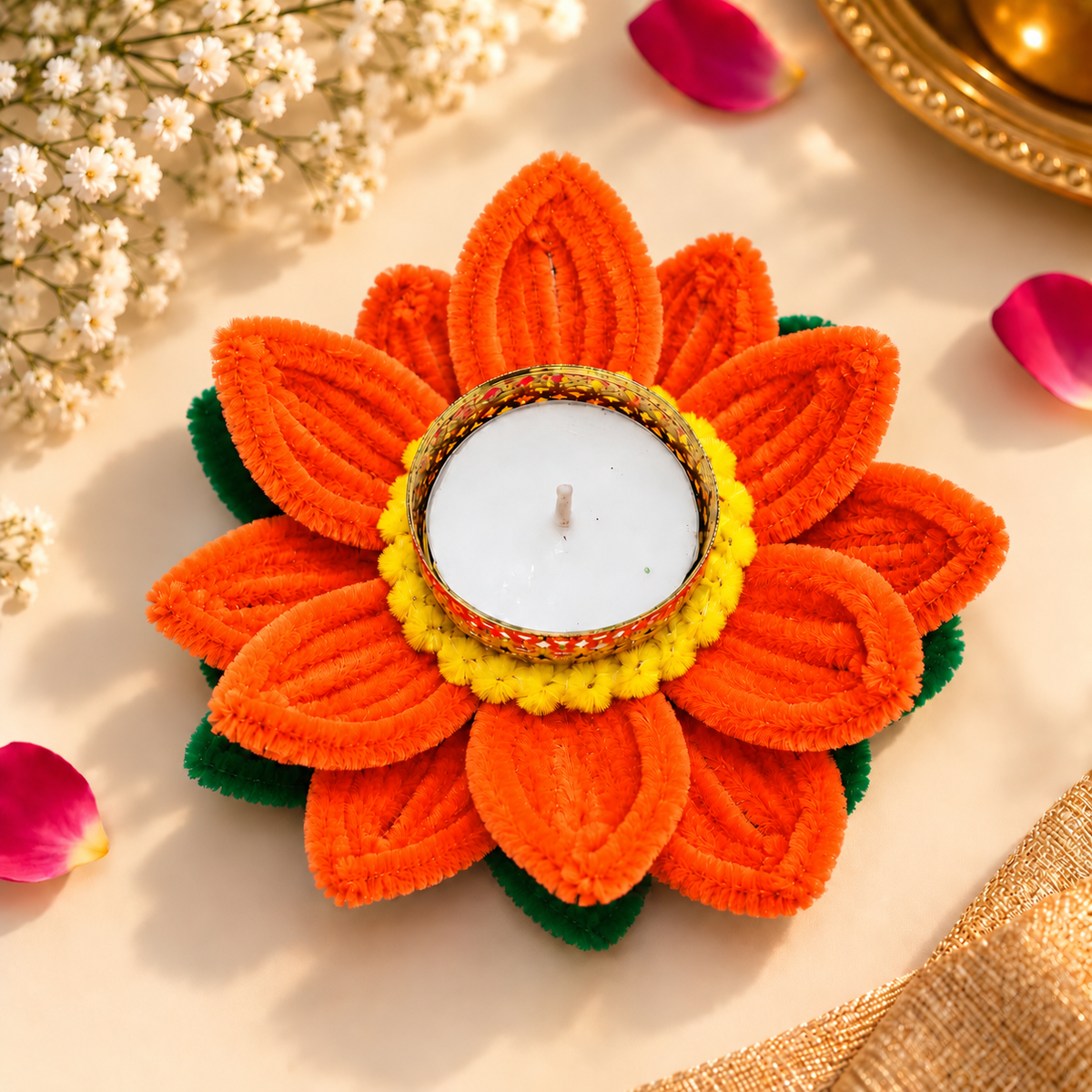 Handcrafted Lotus Flower Diya (orange)