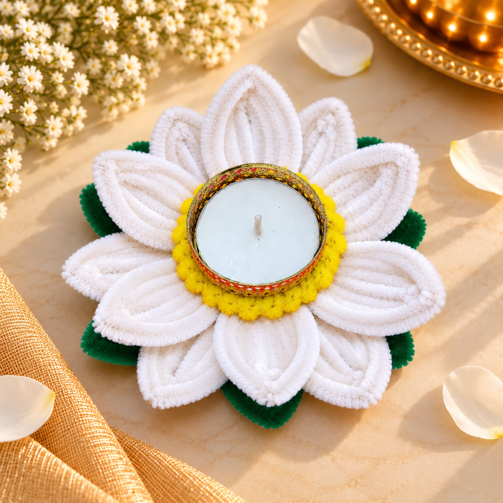Handcrafted Lotus Flower Diya (5-White Diya Combo)